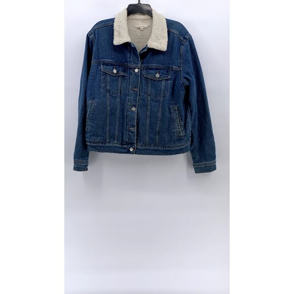 PACSUN Women's Dark Blue Denim Button-Up Sherpa Oversized Trucker Jacket SZ L - Picture 1 of 10